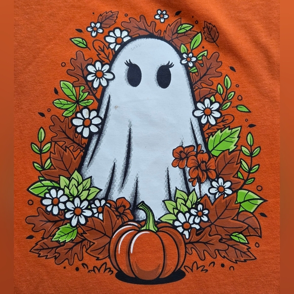 🌷Halloween Women's L Orange Cute Ghost with Flowers Graphic Tee - Picture 4 of 4